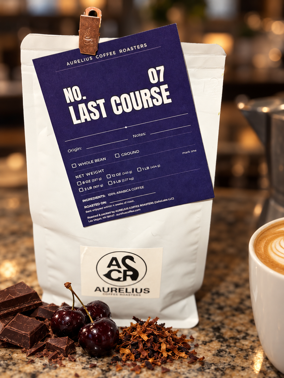 Last Course coffee bag and label in a café setting