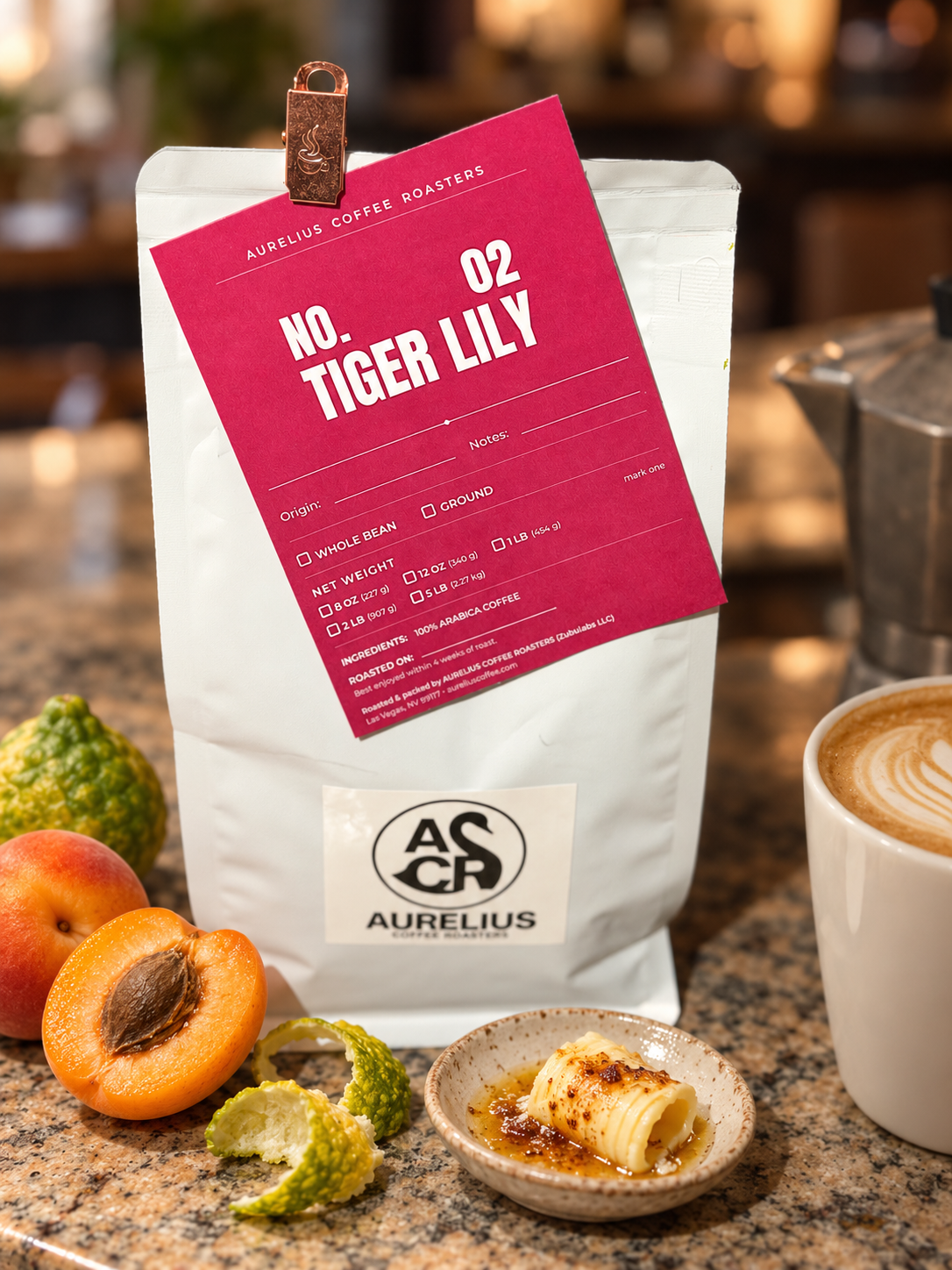 Tiger Lily coffee bag and label in a café setting
